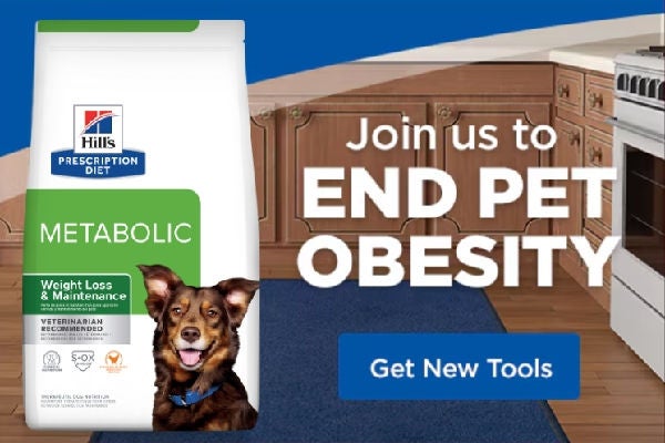 Bag of Hills Prescription Diet Metabolic Weight Management dog food in kitchen. Join us to end pet obesity. Get tools.
